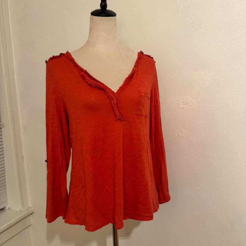 Anthropologie Orange-Red Cotton V-Neck Top – Size L